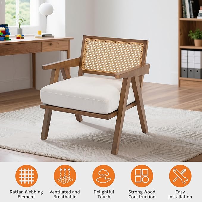 GarveeHome Mid-Century Farmhouse Accent Chair - Wood Armchair with Rattan Backrest &amp Linen Cushion for Living Room Bedroom - Beige Easy Assembly(2 Pcs)