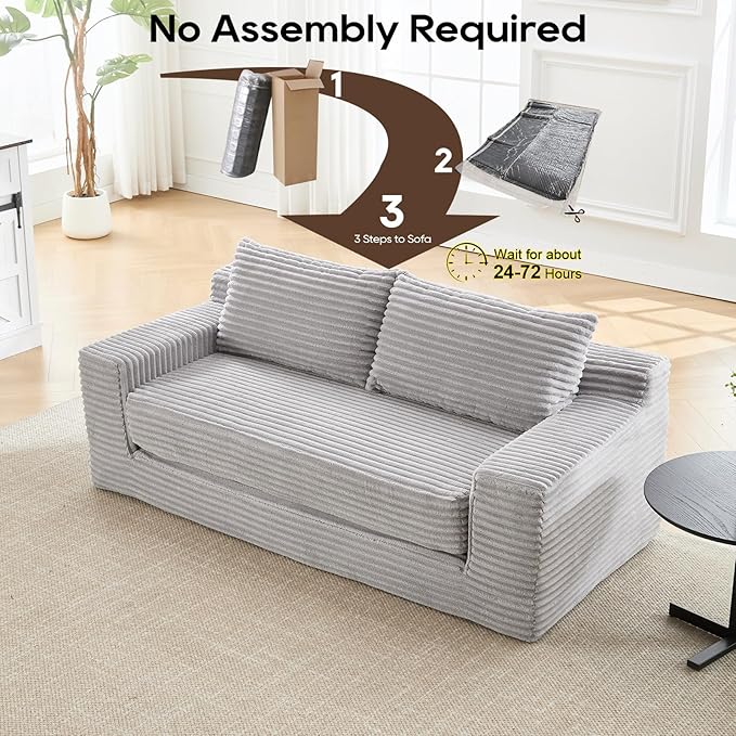 GNIXUU Corduroy Cloud Loveseat Sofa 2 in 1 Convertible Sleeper Sofa with Fixed-Shape Frame Comfy Folding Boneless Love Seat Couches for Living Room Apartment Small Spaces Grey