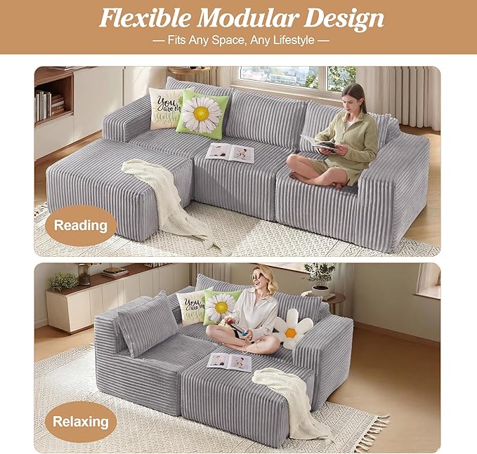 101 Cloud Couch Boneless Modular Sofa Compression Memory Foam Sectional Couches Comfy Corduroy L Shaped Sofas with Chaise Lounge for Living Room No Assembly Required (Light Gray 101in)