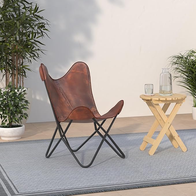 cuero Classy Handmade Dark Brown Leather Butterfly Chair Living Room- Side Hand Stich Leather Chair-Handmade with Powder Coated Folding Black Iron Frame (Cover with Folding Frame)