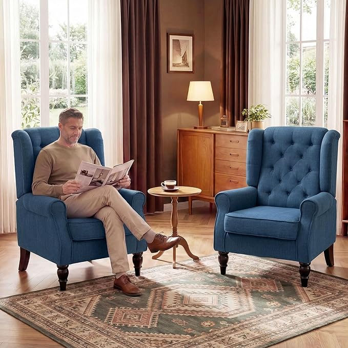 HOMCOM Mid-Century Modern Accent Chair High Wingback Reading Chair Button-Tufted Upholstered Fabric Armchair with Retro Wood Legs for Apartment Living Room Bedroom Blue