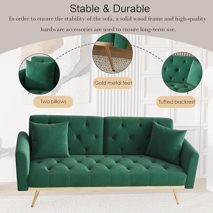 Modern Velvet 2 in 1 Futon Sofa BedConvertible Folding Sleeper Bed Couches with 2 Pillows73 Tufted Recliner Love Seat with Golden Chrome Legs for Living Room Apartment Office (Green-New Velvet)