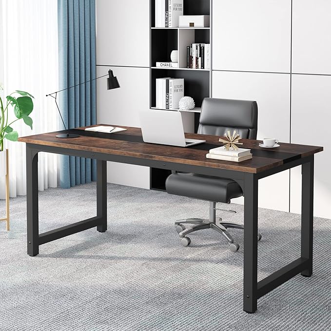 Tribesigns 70.8”Executive Desk Large Office Computer Desk with Thicken Frame Modern Simple Workstation Business Furniture for Home Office Vintage Brown/Black