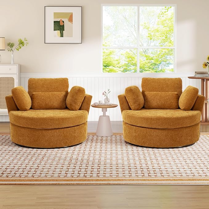Oversized Swivel Accent Barrel Chair Set of 2 Chenille Upholstered Comfy Round Swivel Chair with Pillows 360 Degree Modern Lounge Reading Sofa Armchair for Nursery Living Room Bedroom(Yellow)