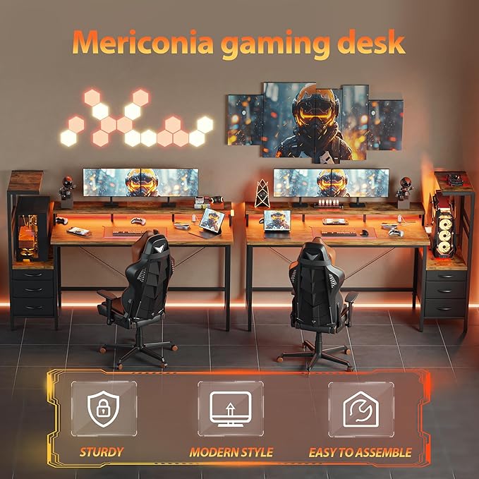 Mericonia Gaming Desk with Power Outlets &amp LED Lights Reversible Computer Desk with PC Case Stand Fabric Drawers Modern Office Desk with Shelves Monitor Stand