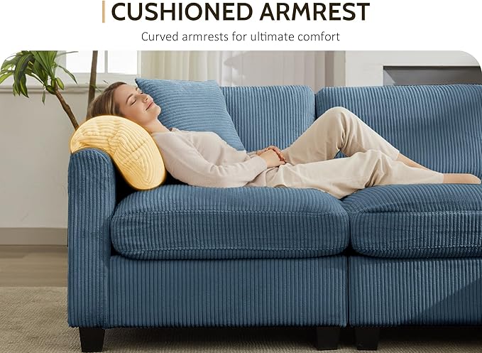 DRMBOOK 115'' U Shaped Modular Sectional Cloud Couch Comfy Corduroy 6 Seater Sofa with Curved Armrest Modern Deep Seat Modular Sofa for Living Room (Blue 5 Seat+1 Corner+1 Ottoman)
