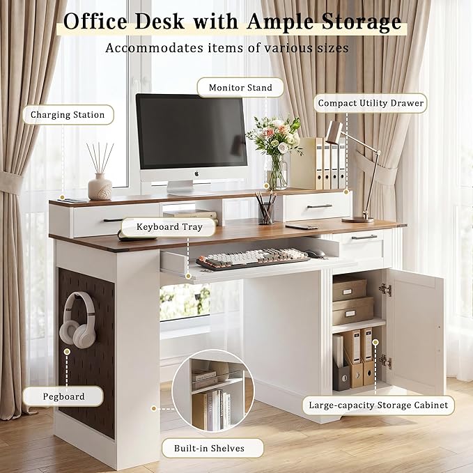 55 Farmhouse Executive Desk with Hutch and Pegboard Computer Desk with Drawers Cabinet Magazine Rack and Charging Station Home Office Desk for Small Space White