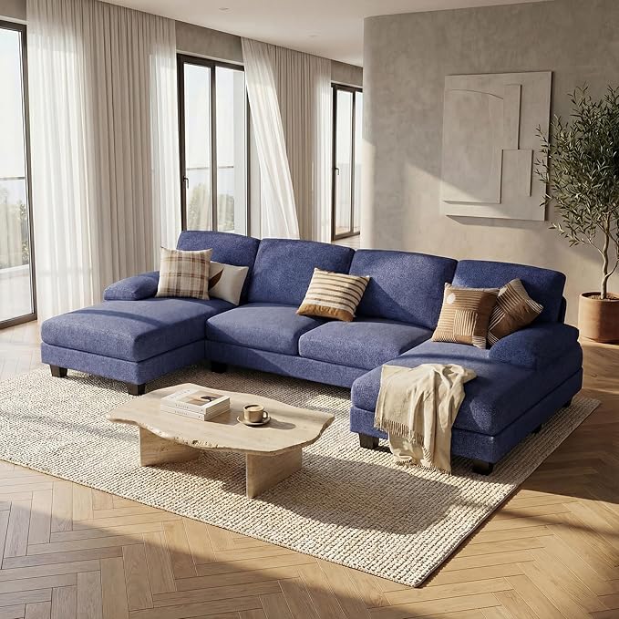 Homall Modular Sectional U Shaped Sofa Couches for Living Room Comfy Loop Yarn 4 Seat Sofa Set with Removable Pillows Lounge Chaise Upholstered Couch for Apartment (Loop Yarn Navy Blue)