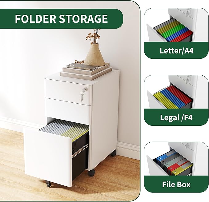 espidoo Mobile File Cabinet 3 Drawer Storage: All Steel Locking Security Cabinet with Wheels - Home Office Organization for Homeschool Supplies &amp Documents White Anti Tip Design