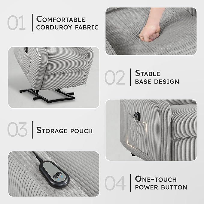 Lexicon Power Lift Recliner Chair for Elderly with Remote Control Gentle Lift Motion Side Pocket Armrest Corduroy Upholstered Electric Recliner for Living Room/Bedroom Easy Assembly Light Gray