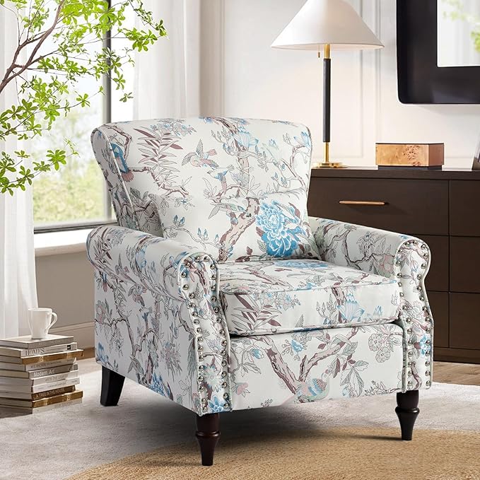 Floral Accent Chair with Lumbar Pillow Retro Wingback Armchair with Nailhead Trim &amp Rolled Arms Modern Linen Fabric Upholstered Recliner for Living Room Bedroom Reading Chair Easy Assembly