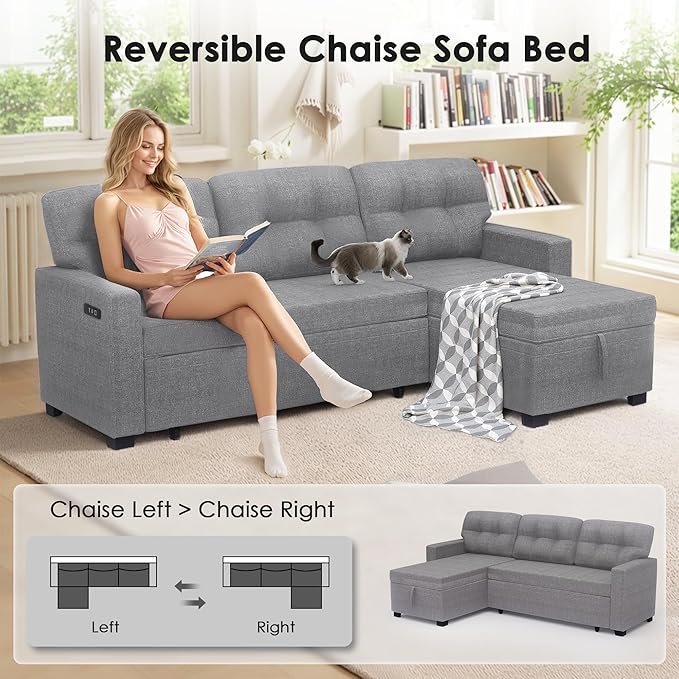 Reversible Sectional Sofa Couch Sleeper Sofa Bed with Storage Chaise Pull Out Couch for Living Room | Hidden Stroge | Pull Out Bed | Removable Backrest | Linen Fabric DeepGrey (LightGrey)