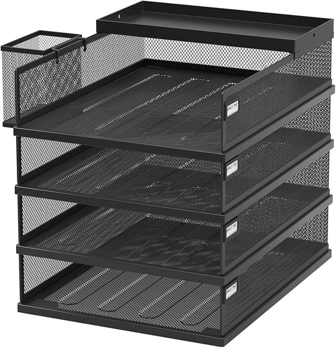 Stackable Letter Trays 4 Tier Metal Paper Tray &amp Desk Organizer Stackable File Trays for Office &amp Home Multi-Functional Document Tray with Fine Grid Design &amp Magnetic LabelsBlack