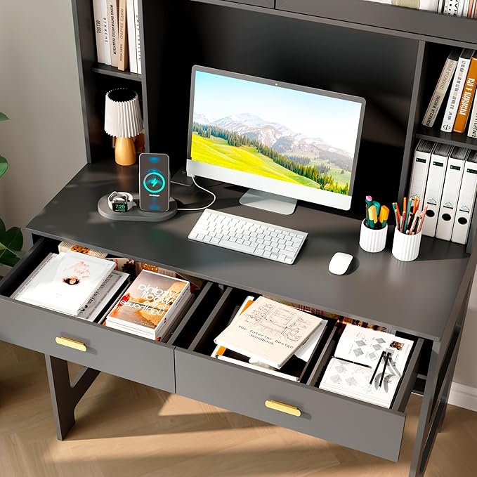 Vlsrka Home Office Desk with Hutch and Drawers 40 Computer Desk with Storage Shelves and LED Lights Modern Wooden Writing Study Table with Charging Station for Bedroom Black