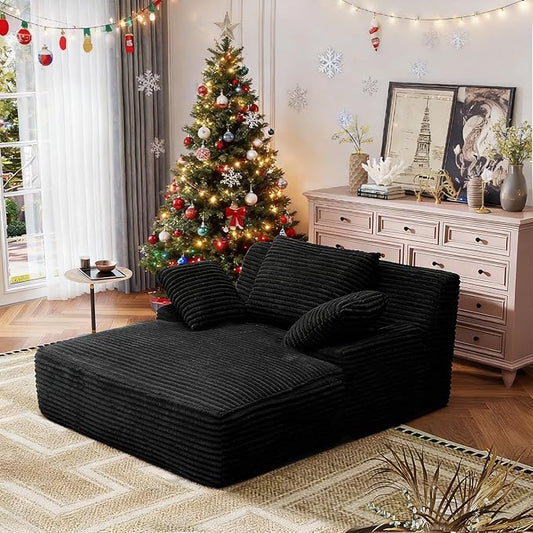 Oversized Chaise Lounge Chair Indoor Corduroy Upholstered Boneless Sofa Bed Deep Seat Sleeper Couch Reading Chairs Cloud Sofas for Living Room No Assembly Required (Black Single Size)