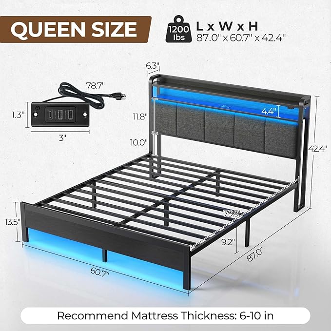 Rolanstar Queen Bed Frame with LED Lights Upholstered Headboard Charging Station Storage Shelves Heavy Duty Metal Slats No Box Spring Needed Noise Free Easy Assembly Dark Grey