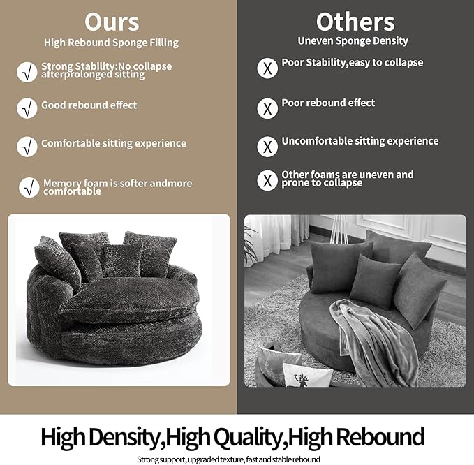 55 inch Oversized Round Chair Fluffy Chenille Boneless Sofa with Extra Deep Seat for Living Room Lounge (Grey)