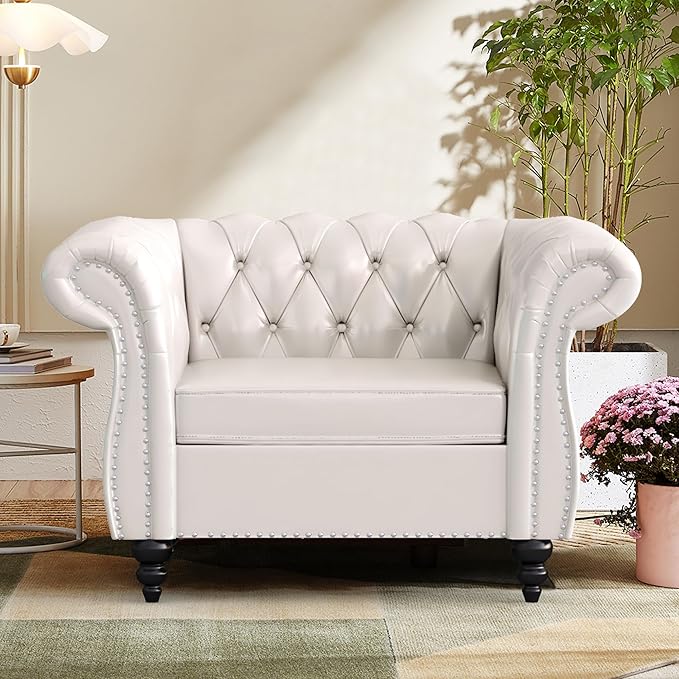 Accent Sofa Chair for Living Room Modern PU Leather Upholstered Armchair Oversized Comfy Single Sofa Chair with Cushion Mid Century Tufted Chesterfield Sofa Couch for Bedroom Apartment (White)