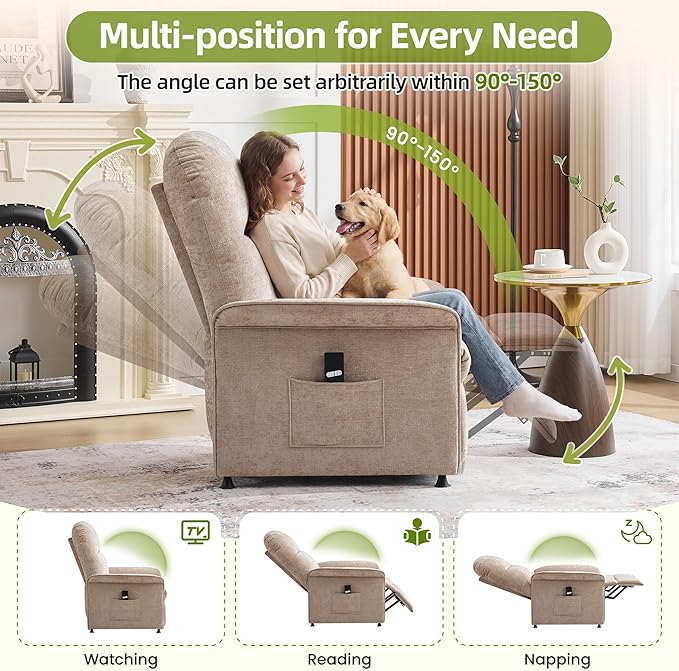 Power Recliner Chair with Remote Control 21 Wide Seat Small Recliners with Side Pocket for Adults Thick Cushions Chair for Living Room &amp Bedroom Tan