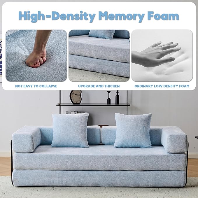 Convertible Sleeper Sofa Bed with Fixed-Shape Frame Floor Sofa Lounge Couch with Cylindrical Pillow Chenille Folding Mattress Couch for Living Room Bedroom-Light Blue