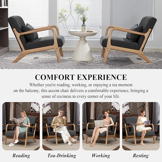 Minimalist Accent Chair Velvet Upholstered Mid-Century Modern Chair with Pillow Lounge Arm Chair with High Backrest Comfy Reading Chair for Living Room Balcony (Grey)