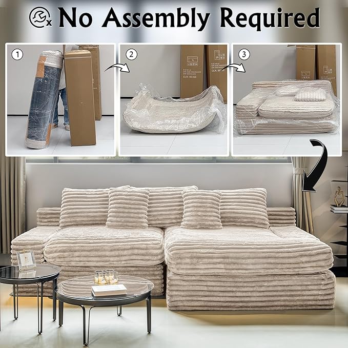 Sectional Couches for Living Room-Corduroy Couch Beige118 Cloud Sectional Couch with L-Shape Chaise Modern Modular Sofa Deep Seat Comfort No Assembly Required(Plush Corduroy Fabric)