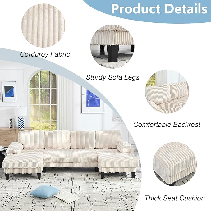114 Cloud Couch Modular Sectional Sofa Convertible U-Shaped Sofas Couches with Double Chaise Lounge Corduroy Upholstery Sofa Double Cushions Deep Seat Couchs for Living Room White