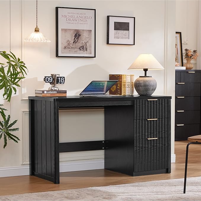 LEYAOYAO Office Desk 48 with 3 Drawers Storage File Cabinet Wood Fluted Desk for Computer Office Bedroom Home Furniture Black