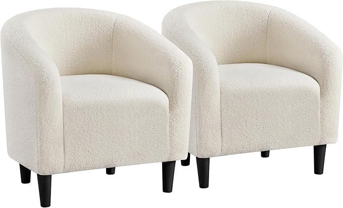 Yaheetech Barrel Chairs Furry Accent Chairs with Soft Padded Armrest for Living Room Bedroom Waiting Room Office Set of 2 Ivory