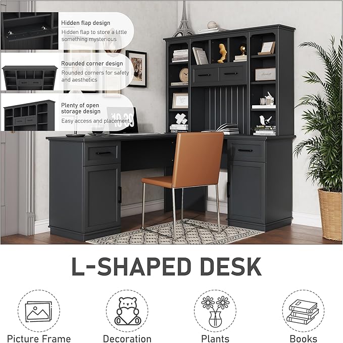 L-Shaped Gaming Desk with Hutch Corner Desk with Drawers and Cabinet Home Office Computer Desk with Open Storage Shelves Multi-functional Writing Desk for Study Room Bedroom Living Room Black