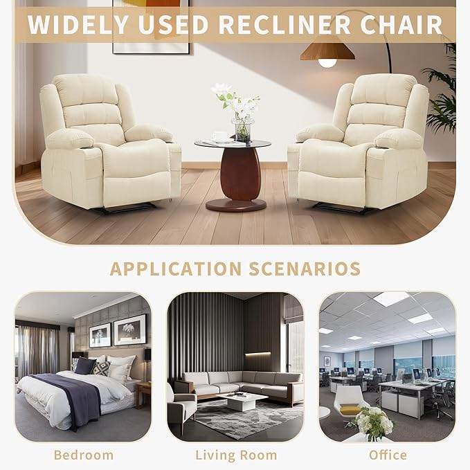 Wide Recliner Chair for Adults Large Manual Pull Tab Reclining Chair with Dual Cup Holders 3 Recline Positions Side Pockets Supports 350 Lbs Overstuffed Single Sofa for Living Room