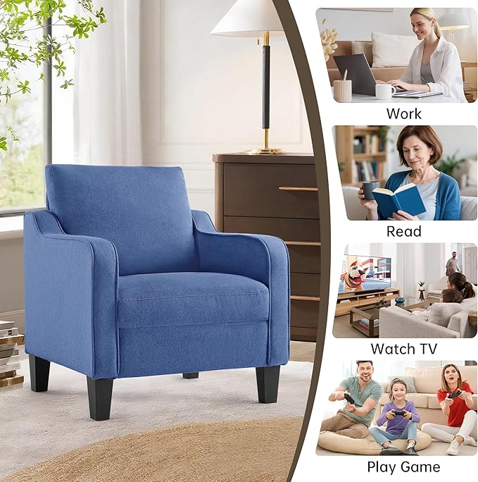 Mid-Century Modern Accent Chair Linen Upholstered Living Room Chair Comfy Reading Armchair Small Single Sofa Chair for Bedroom Office Blue 1PC