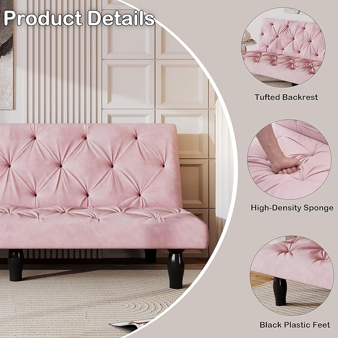 66 Pink Velvet Futon Sofa Bed Sturdy Wood Frame &amp High-Elastic Foam 3 Adjustable Gears Multi-Functional for Living Room/Apartment/Bedroom Easy Assembly
