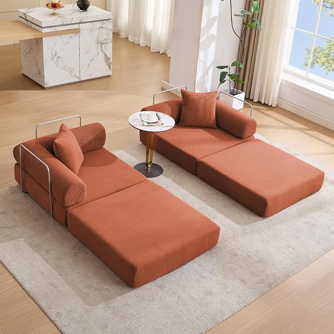 73 Convertible Modular Folding Sofa Bed 5-in-1 DIY Combination Fold Out Sleeper Sofa Bed Loveseat sleeper Couch with Removable Armrests Corduroy Floor Couch Small couches for small spaces Orange