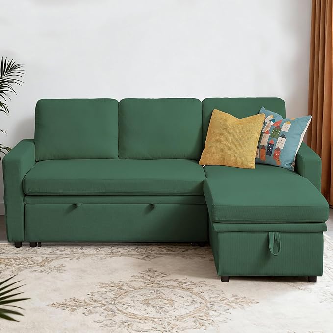 Sectional Sofa Bed Convertible Sleeper Sofa with Storage Chaise L-Shape Modern Polyester 3 in 1 Pull Out Couch Bed for Living Room Green