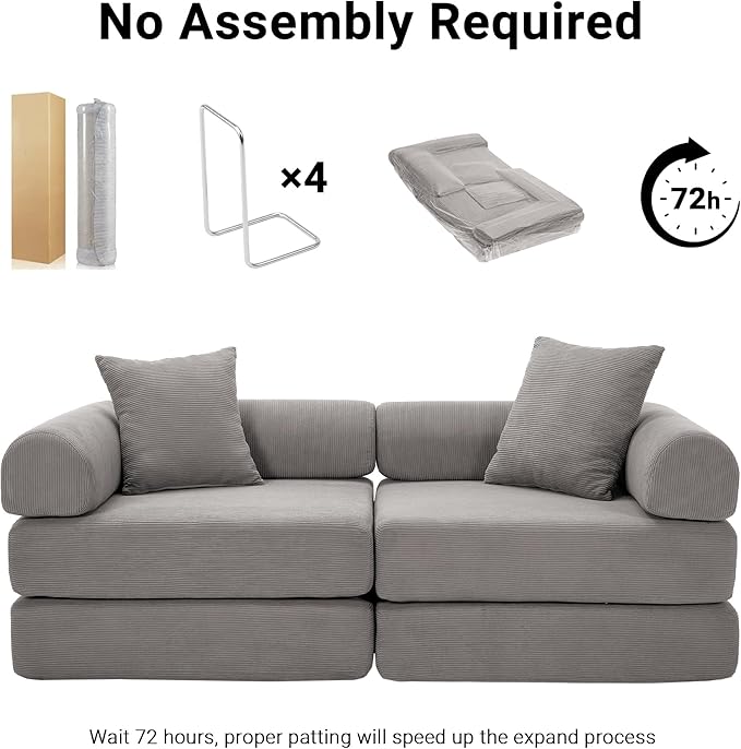 73 Convertible Sleeper Sofa Bed Corduroy Boneless Couch in a Box 4-in-1 Folding Mattress Loveseat Couch Comfy Modular Foldable Floor Sleeper Sofa with 2 Pillows and Fixed-Shape Frame (Gray 73)