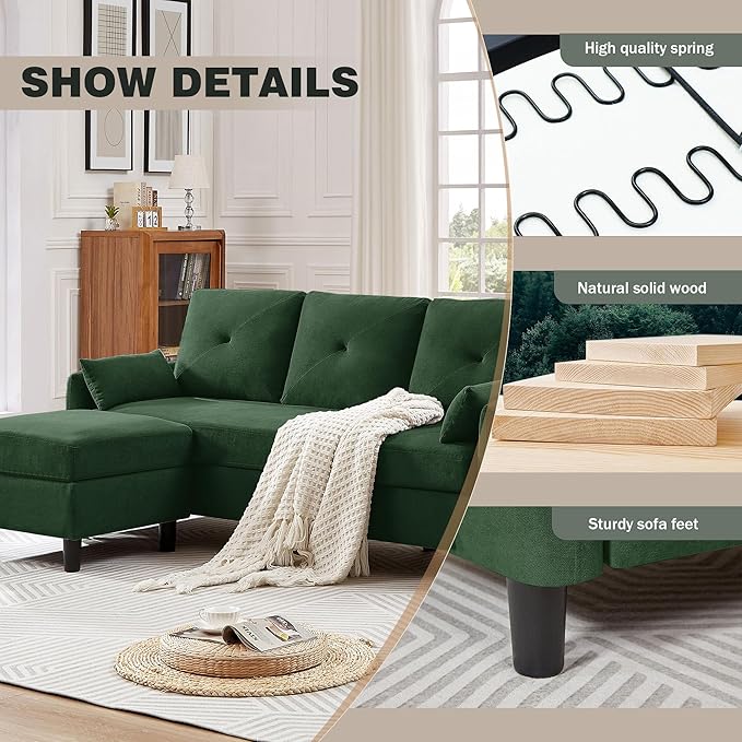 77 Convertible Sectional Sofa 3-Seat L Shaped Couch with Ottoman Modern Linen Upholstered Sofa Couches for Living Room Apartment and Small Spaces Green