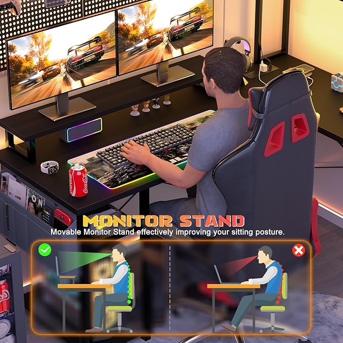 Aheaplus Small L Shaped Gaming Desk with LED Lights &amp Power Outlets Reversible L-Shaped Computer Desk with Monitor Stand &amp Storage Shelf Corner Desks Home Office Desk with Storage Bag Black