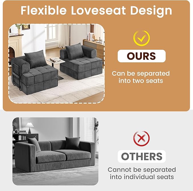 6-in-1 Convertible Sleeper Sofa Bed Corduroy Folding Mattress Couch with Fixed-Shape Frame Modular Foldable Boneless Couch Loveseat Couches with 2 Pillows for Living Room Bedroom Grey