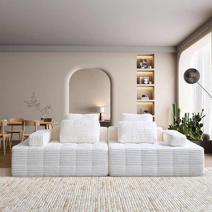 Modular Sectional Sofa with Movable Handrails Straight-Row Boneless Sofa Sectional Couch for Living Room Deep Seat Memory Foam Faux Rabbit Fur Fabric Sofa No Assembly Required (White)