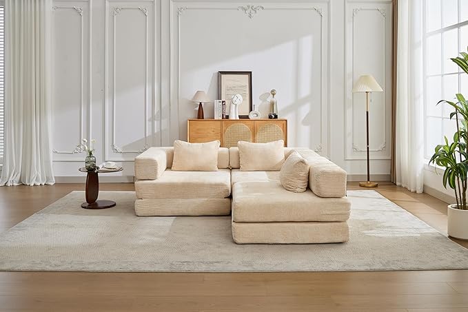 Convertible Floor Sofa Bed 3-Seat Modular Sectional Chenille Fabric No Assembly Required 118 inches Beige (3 Beige)