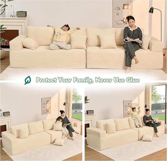 Chaise Lounge Chair Boneless Couch for Living Room and Bedroom Set of Sleeper Couches Reading Chairs Corduroy White