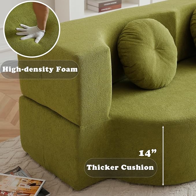 76 Convertible Folding Futon Sofa Bed Queen Sleeper Sofa with Pillow Teddy Fabric Floor &amp Futon Loveseat Couch Foam Folding Mattress Sleeper for Living Room Guest Use Office Apartment(Green