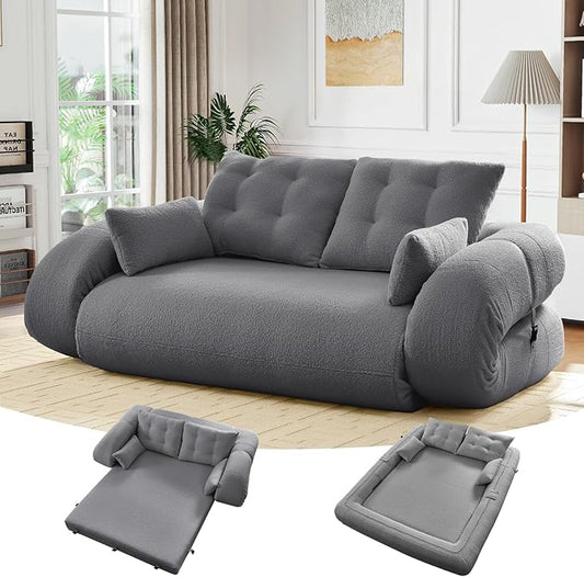 78.7'' Folding Sleeper Sofa 3 in 1 Folding Sofa Bed Teddy Couch Upholstered Deep Seat Bean Bag Lounge Recliner Oversized Human Dog Bed for Living Room Playroom Bedroom (Gray)