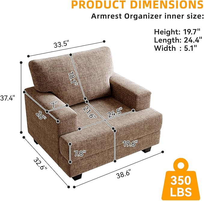 Oversized Accent Chair Set of 2Upholstered Velvet Armchair with Storage ArmrestComfy Living Room Chairs with 7.8'' CushionReading Accent Chairs for Bedroom Living RoomSofa ChairBrown