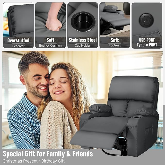 LEVELEVE Rocking Recliner Chair Massage Rocker Recliner Chair with Vibration Massage and Heat USB and Type-C Ports360° Swivel Faux Leather Chairs Living Room Bedroom Nursery RV Dark Grey