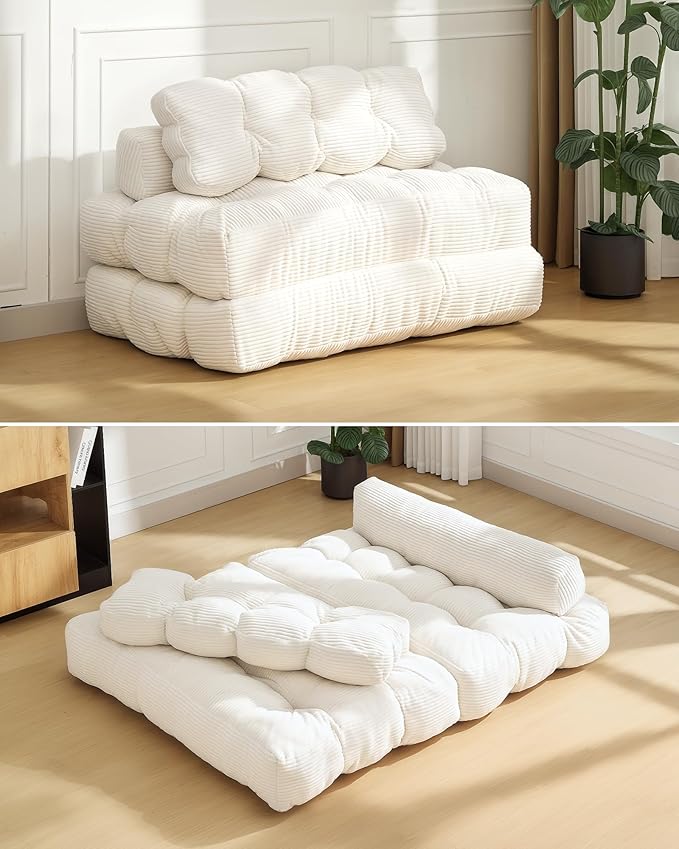 Garvee Folding Sofa Bed Convertible Sleeper Chair with Pillow Foldable Mattress with Back Support Boneless Fold Out Chair Bed Comfy Floor Sofa Lounge for Living Room Bedroom Beige Full