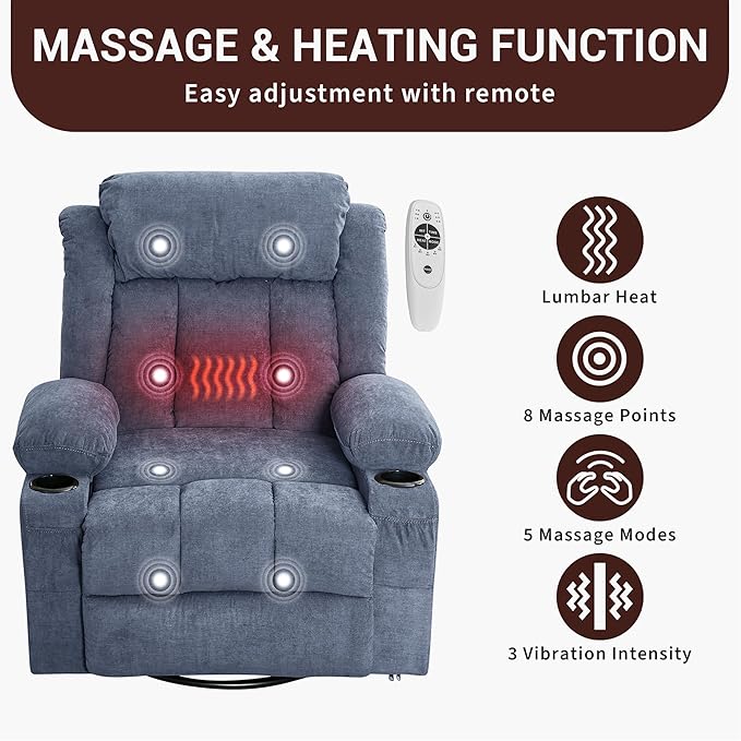 GarveeHome Rocker Swivel Recliner Chair with Heat Massage Large Wide Rocking Lazy Boy Single Sofa Seat with 3 Positions 2 Side Pockets Cup Holders USB Ports Remote Control (Blue)
