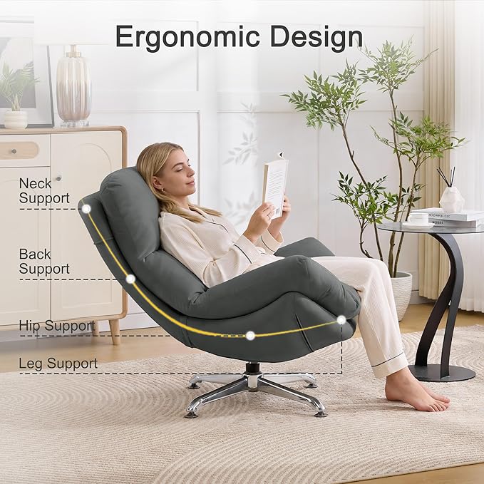 360° Swivel Oversized Accent Chairs Set of 2 Fabric Upholstered High Back &amp Thick Cushion Ergonomic Comfy Reading Lounge Sleeper Chair with Sturdy Metal Base for Living Room Bedroom Grey