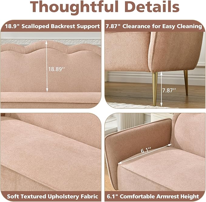 VELOCAVA 67 Loveseat Sofa Modern 2-Seater Upholstered Couch with Linen-Textured Fabric Curved Scalloped Back 7.87 Raised Legs for Living Room Apartment or Bedroom Pink